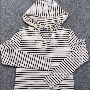 Ralph Lauren Sport Hoodie Womens Medium White Blue Stripe Drawstring Hood Waist